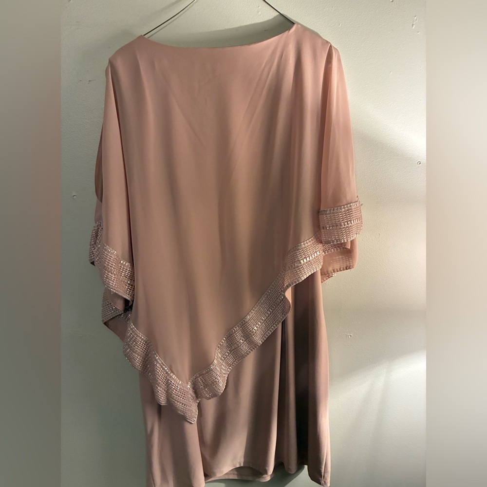 SLNY Coral Overlay Dress | Size 18 | Beaded Trim Cape Sleeve Dress | Elegant - Picture 5 of 6